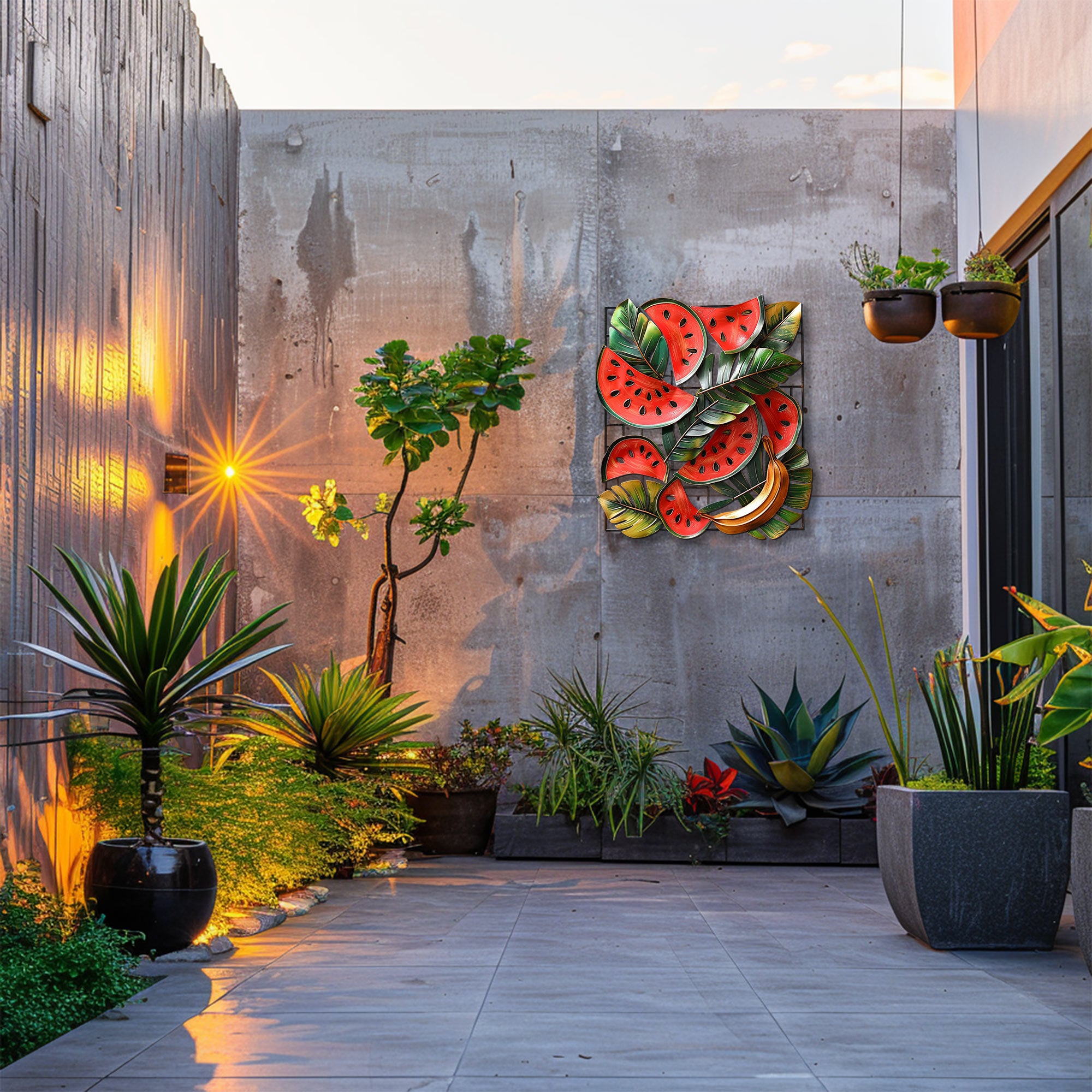 Tropical watermelon and banana metal wall art with lush botanical leaves for summer kitchen decor 6