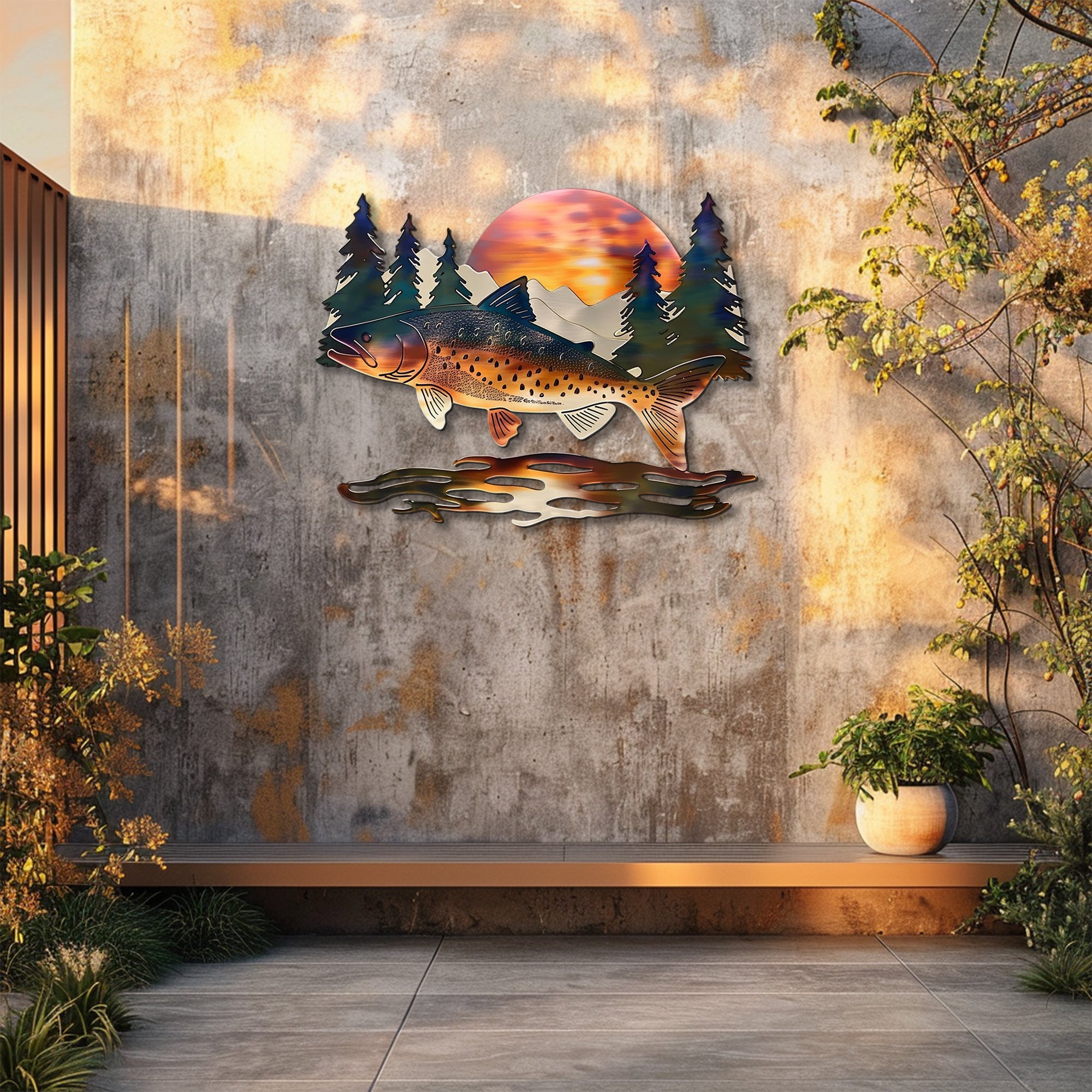 Brown trout fish metal wall art with leaping trout wild salmon mountain sunset rustic cabin pine trees wilderness lodge aluminum wall decor 6