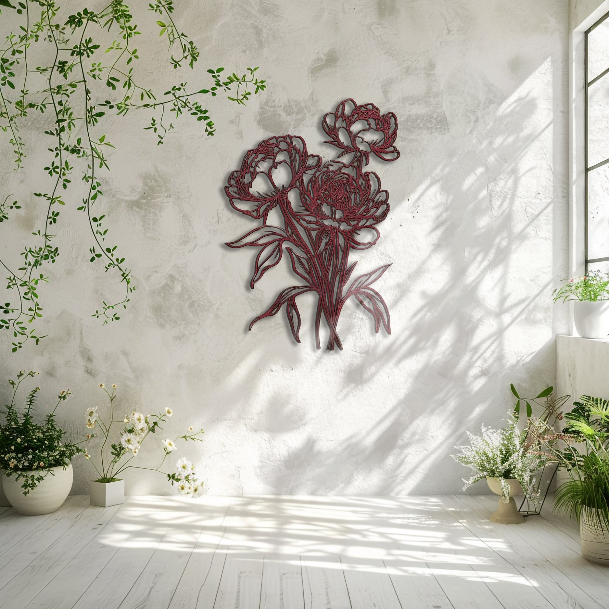 Peony outline metal wall art with elegant floral botanical line art design mounted on textured wall 6