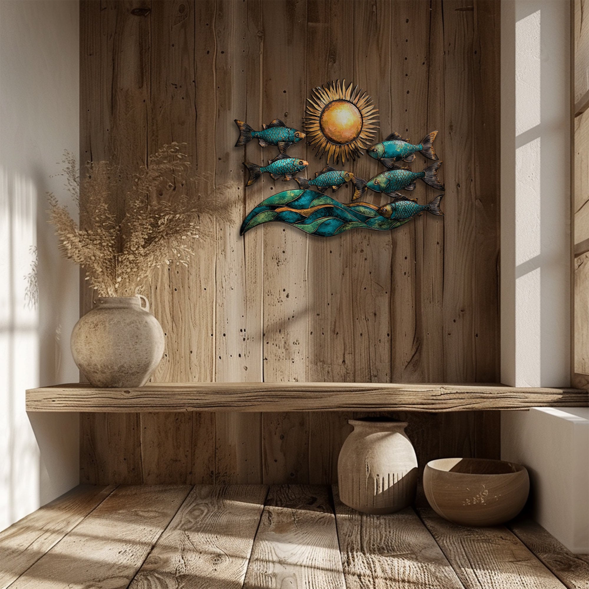 Ocean fish metal wall art with turquoise fish ocean waves and golden sun coastal beach aluminum wall decor 6