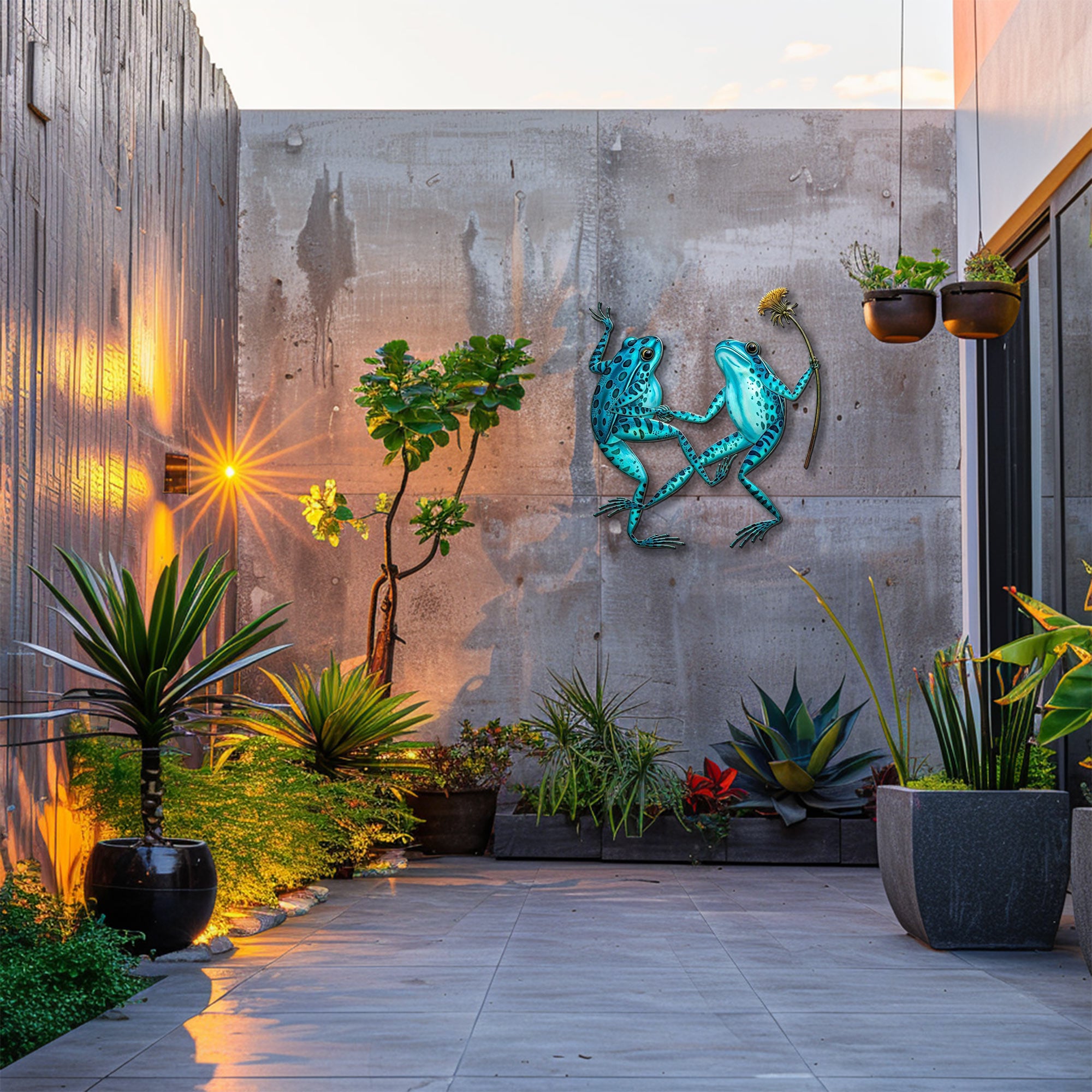 Blue frog couple metal wall art with flower whimsical garden aluminum wall decor 6