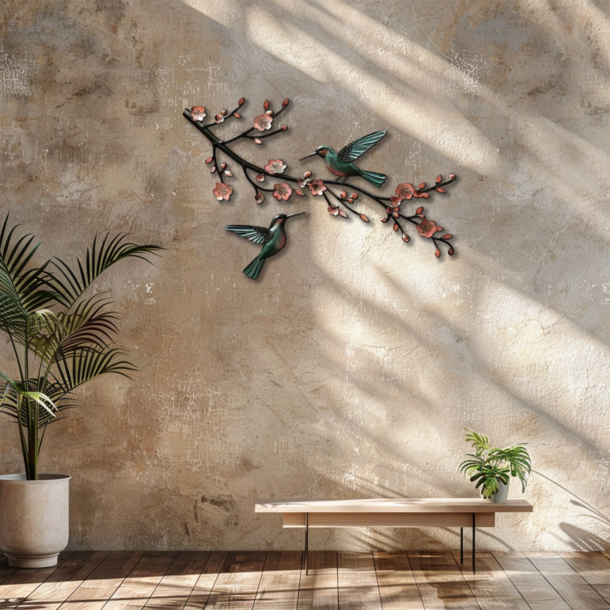 Hummingbird Cherry Blossom UV printed aluminum metal wall art for floral living room and patio decor 7