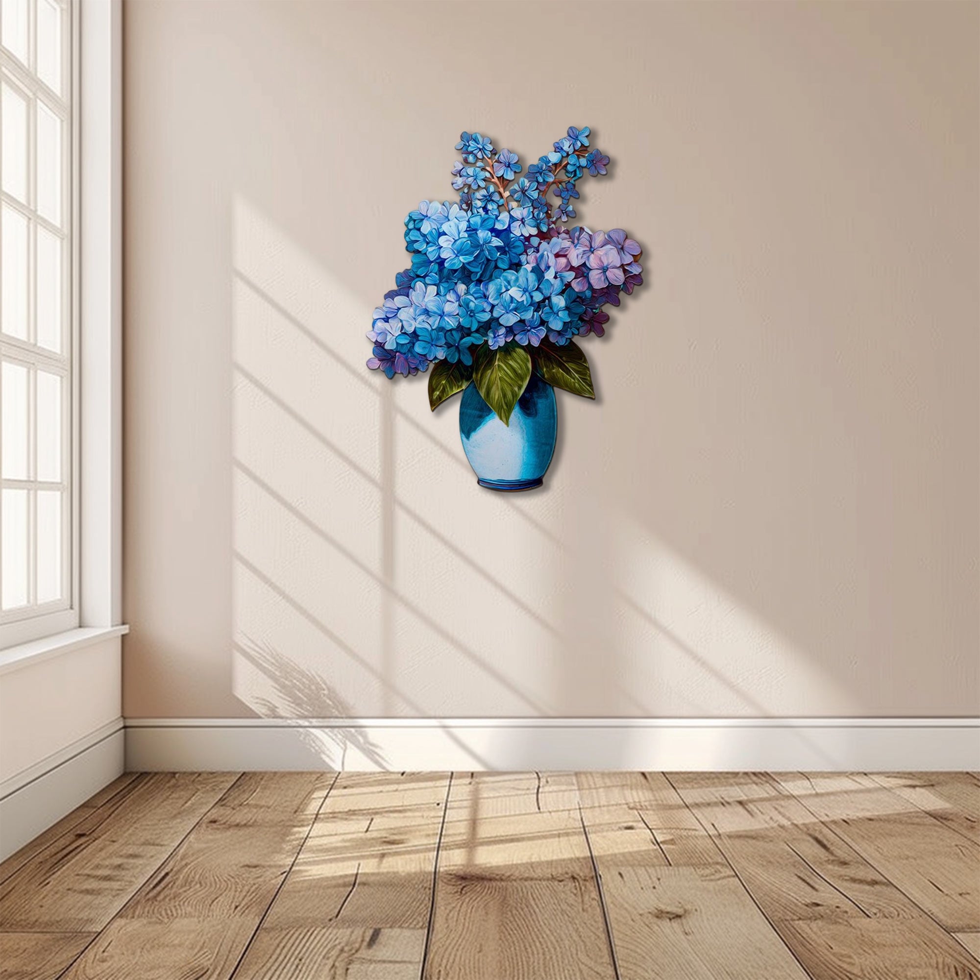 Blue hydrangea bouquet metal wall art with floral vase arrangement 6