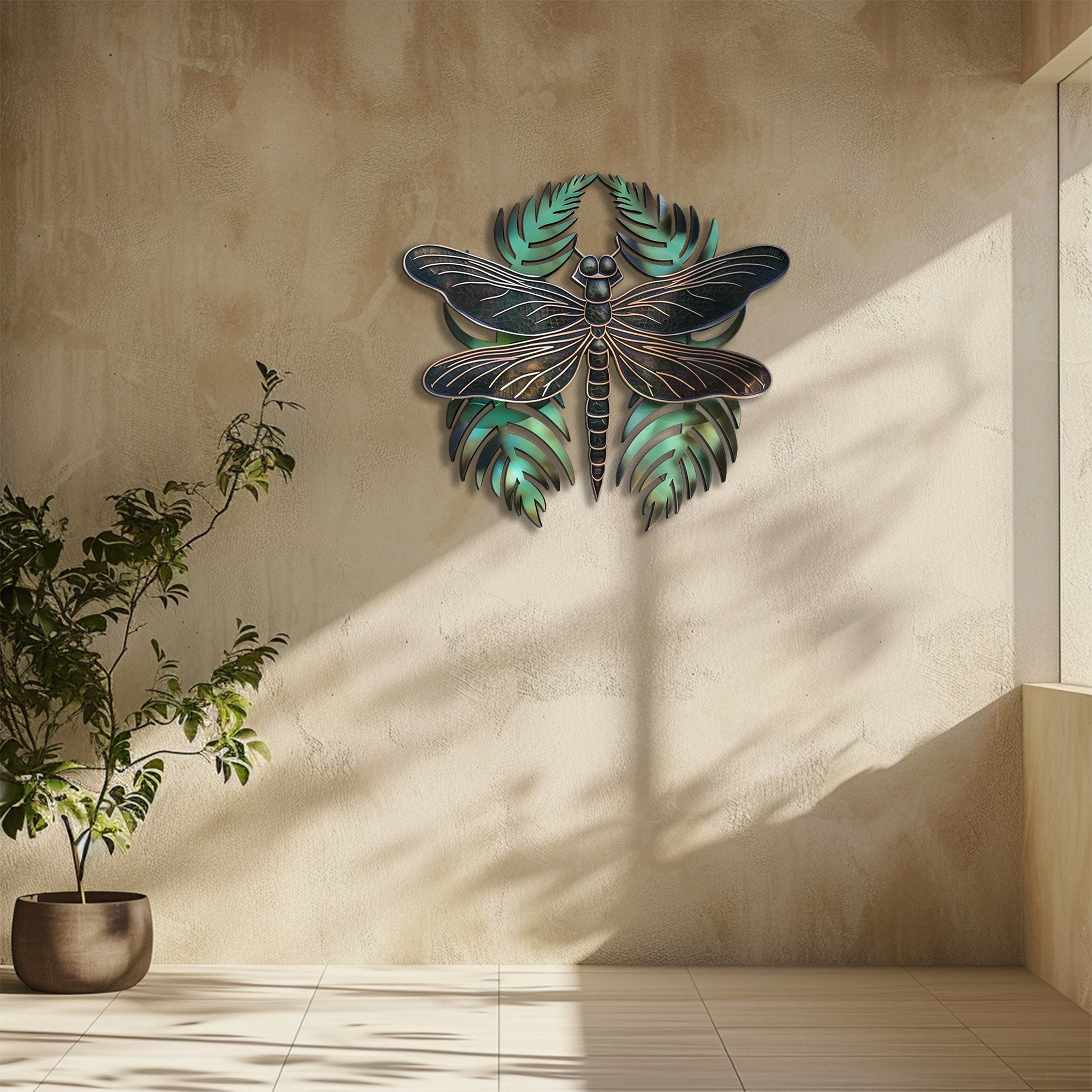 Dragonfly metal wall art with tropical leaves botanical aluminum wall decor 6
