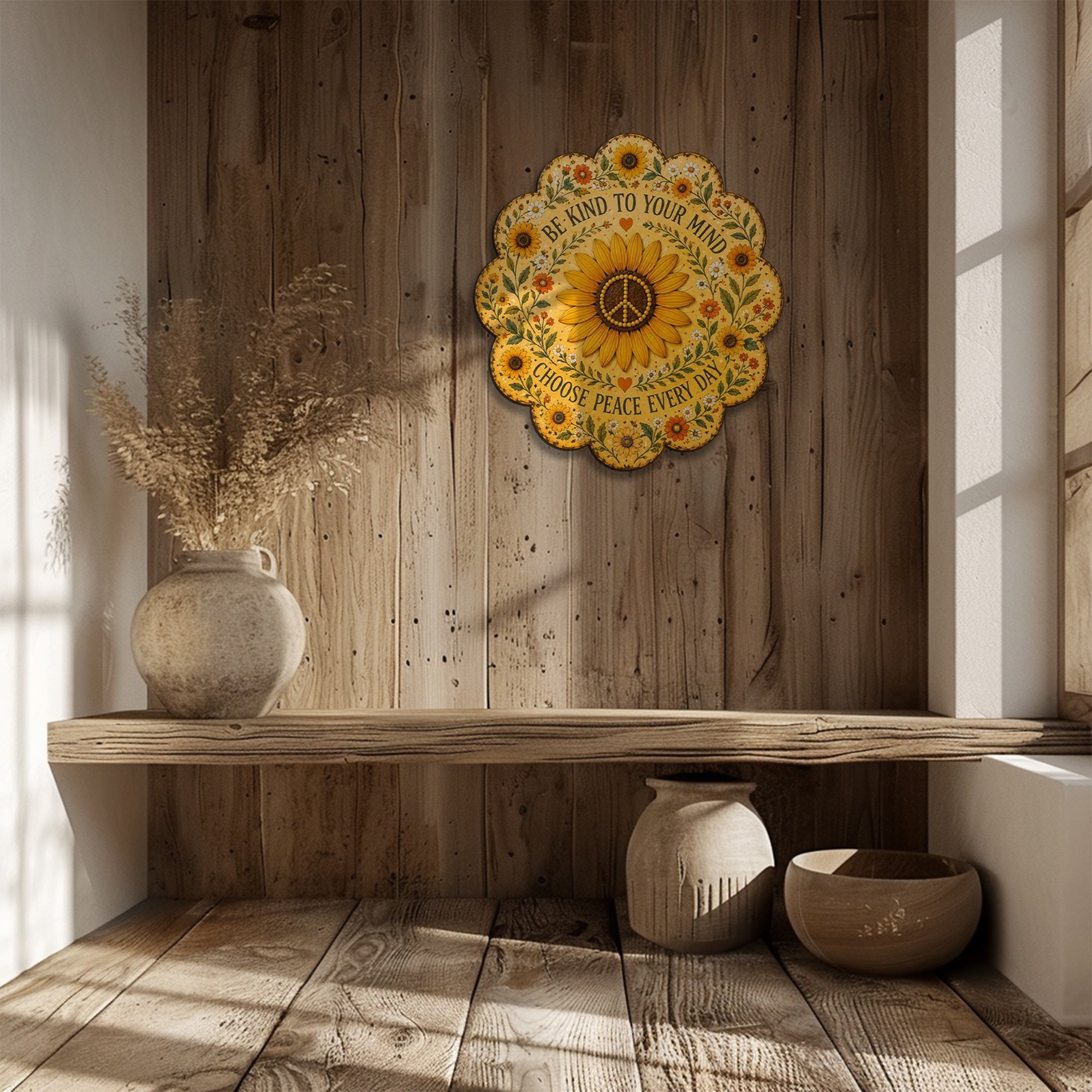 Be Kind Sunflower Peace UV printed aluminum metal wall art for inspirational floral living room bedroom and patio decor 8