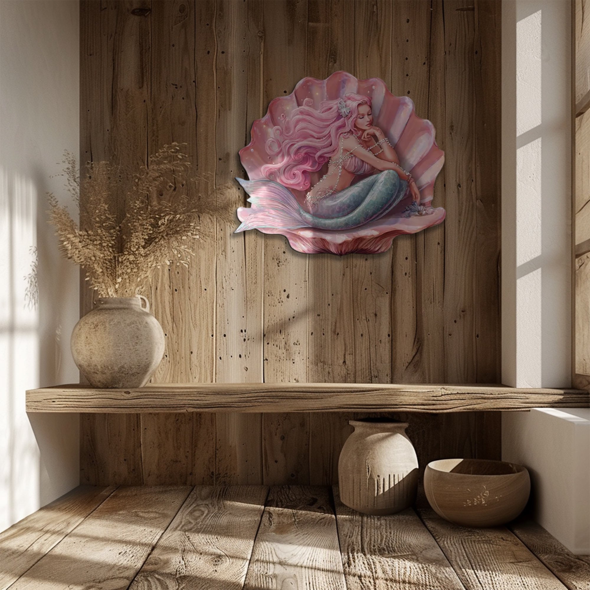 Mermaid Seashell UV printed aluminum metal wall art for ocean bedroom nursery and coastal decor 7