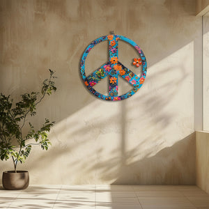 Turquoise Floral Peace Sign UV printed aluminum metal wall art for boho patio garden and living room decor 8