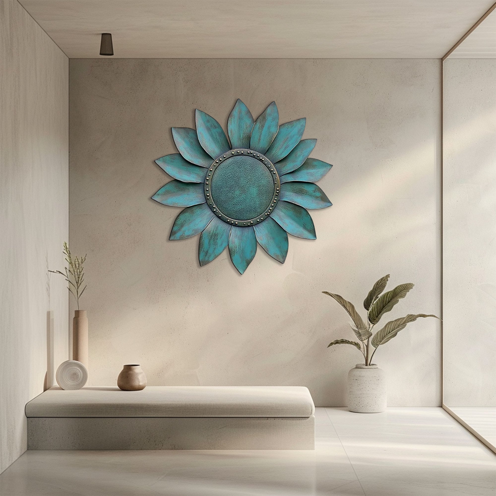 Turquoise Sunflower UV printed aluminum metal wall art for rustic garden patio and farmhouse decor 9