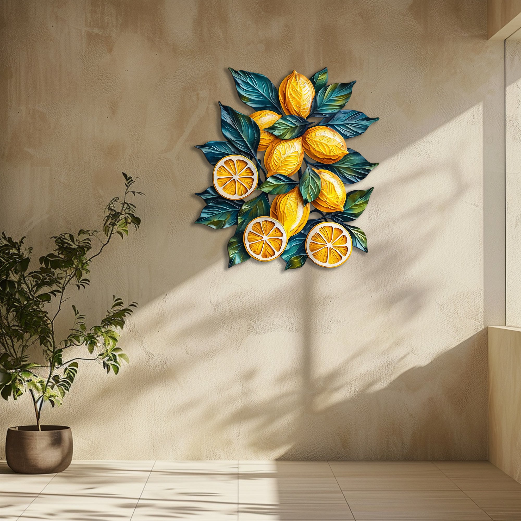 Lemon branch metal wall art with vibrant citrus fruits and botanical leaves for Mediterranean kitchen decor 7