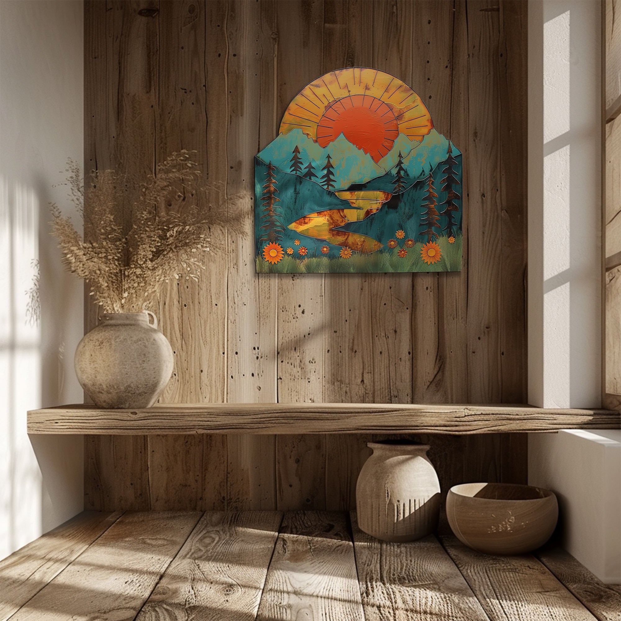 Mountain sunset lake metal wall art rustic landscape decor 6