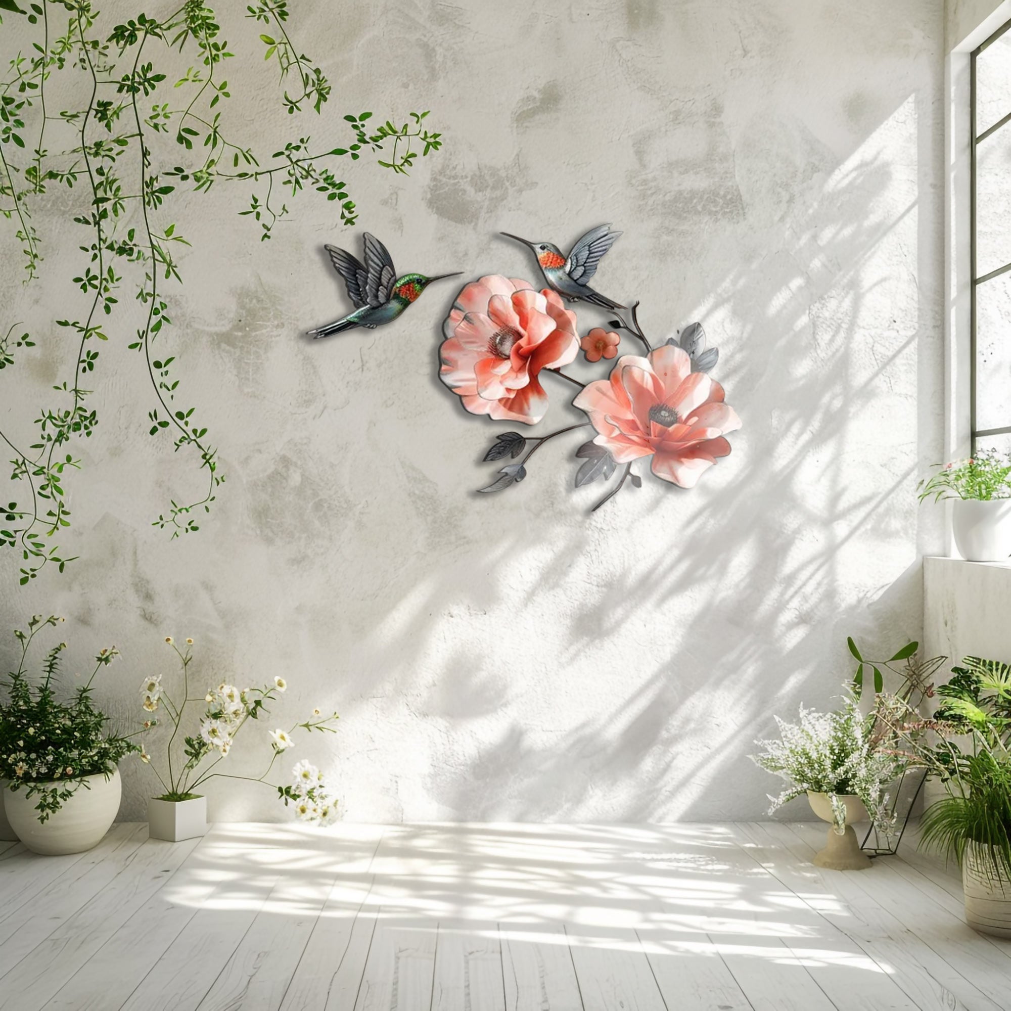 Hummingbird Poppy Flower UV printed aluminum metal wall art for floral living room and patio decor 7