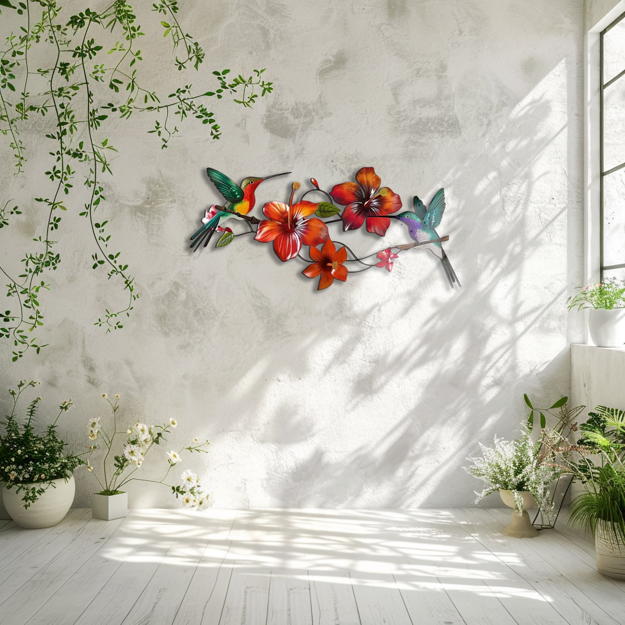 Hummingbird Flower UV printed aluminum metal wall art for tropical living room and patio decor 8