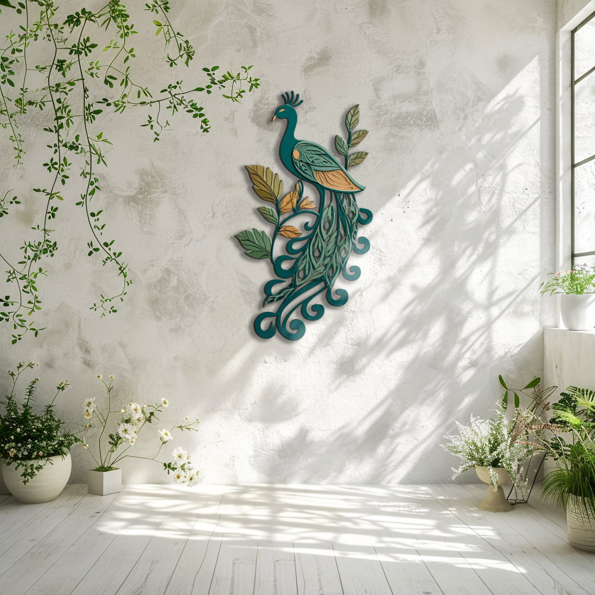 Teal Peacock UV printed aluminum metal wall art for botanical patio garden and living room decor 7
