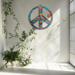 Turquoise Floral Peace Sign UV printed aluminum metal wall art for boho patio garden and living room decor 9