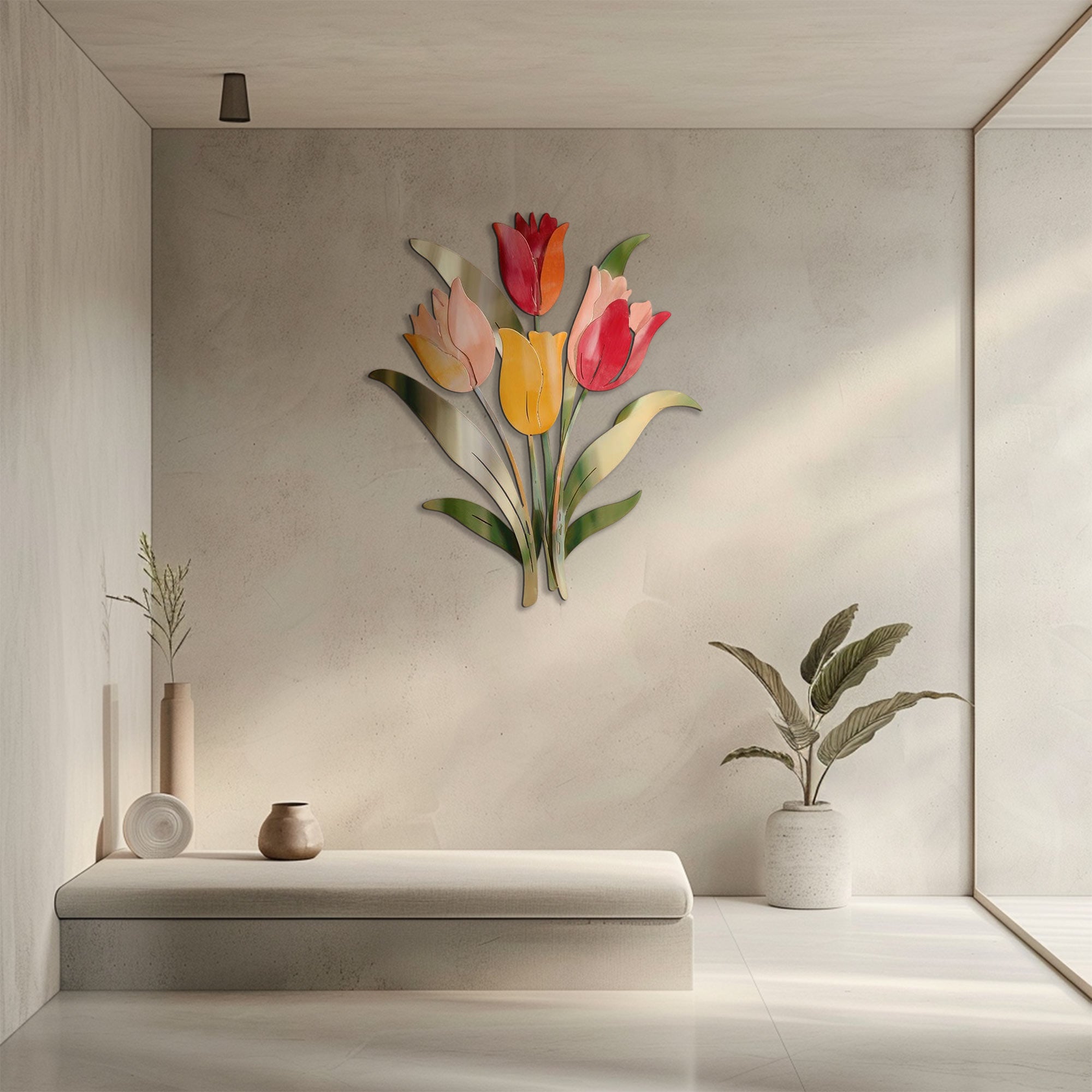 Pastel tulip stem metal wall art with colorful floral botanical design mounted on textured wall 10