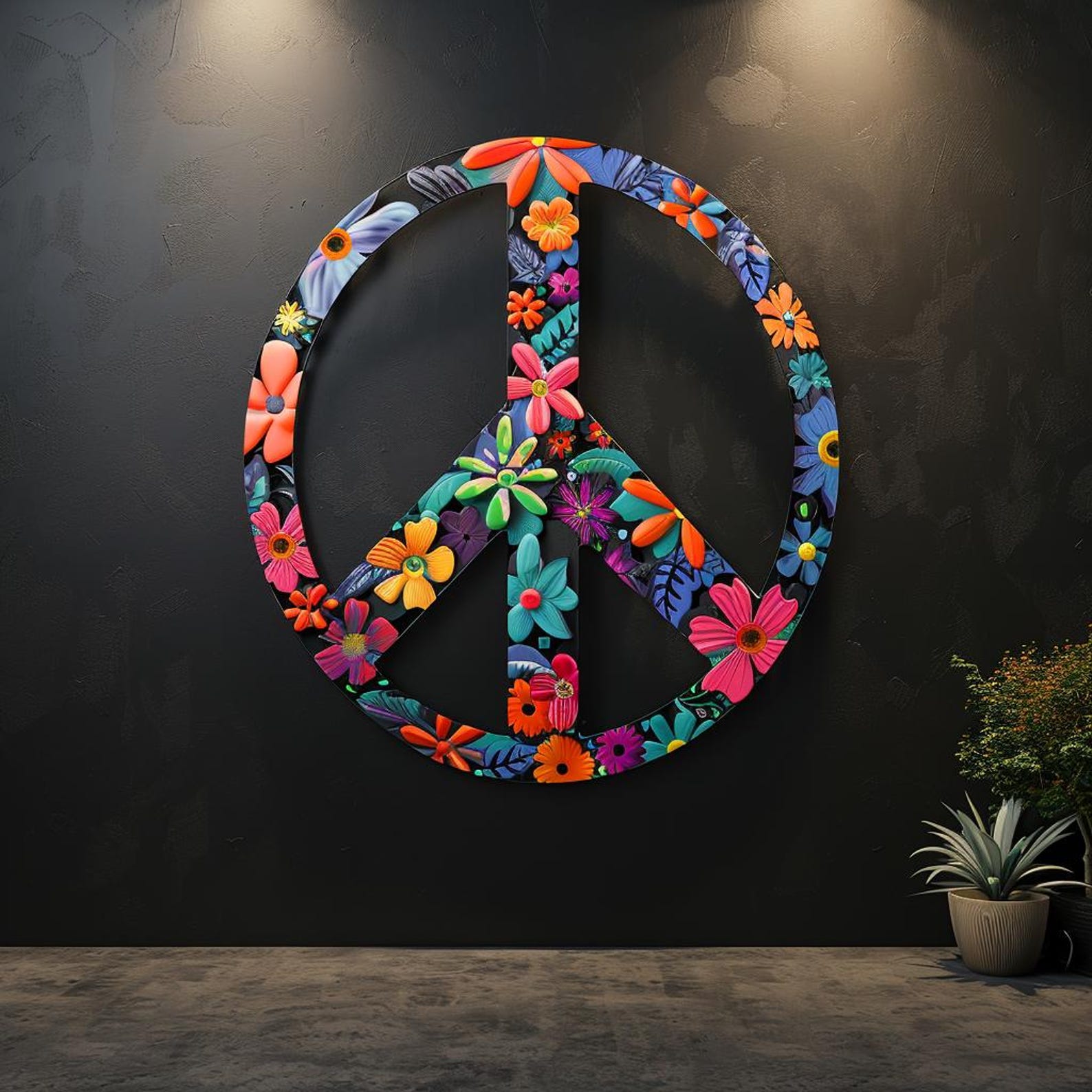 Floral Peace Sign UV printed aluminum metal wall art for colorful boho living room bedroom and patio decor 11